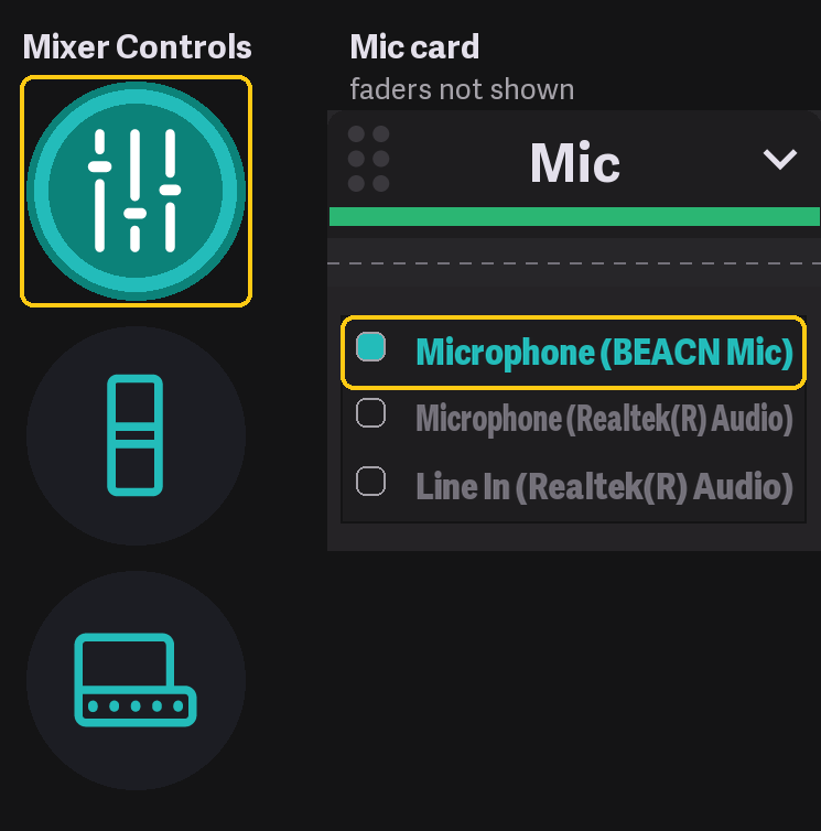 Mixer Controls button and the Mic card