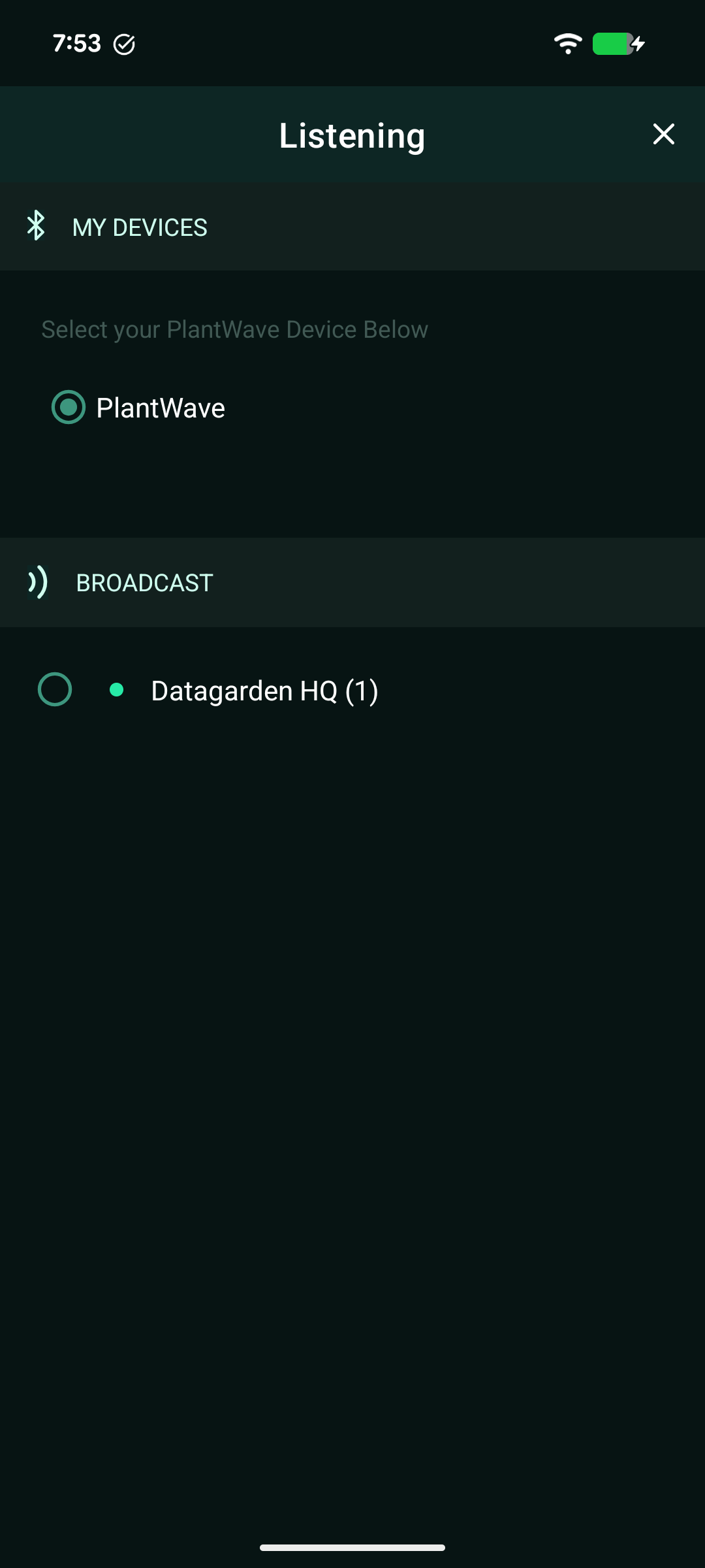 Selecting your PlantWave in the app